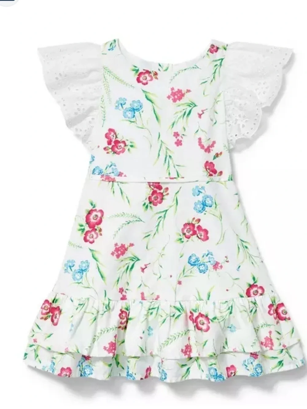 Janie and Jack White Floral Eyelet Sleeve Dress with Red and Blue Flowers